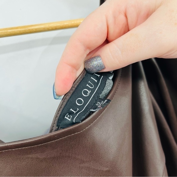 G031 Eloquii Faux Leather Puff Sleeve Peplum Top Brown - Picture 4 of 6